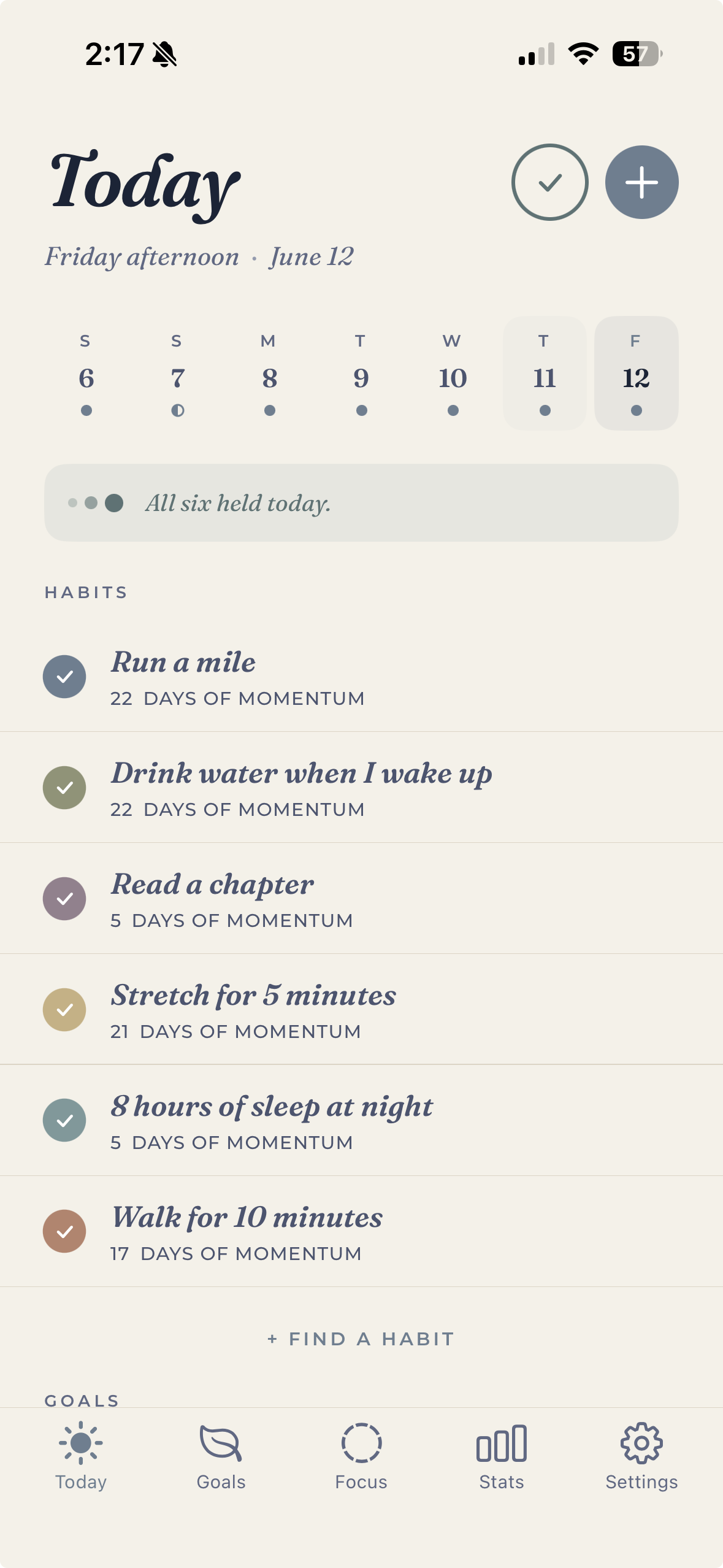 Row — the Today screen
